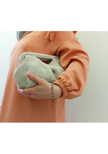 Parlak Tutmalı El Çantaları , El Yapımı Işıltılı Clutch, Örgü El Çantası Bej - Bej