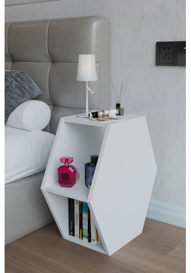 Alpa Ev Mobilya Altıgen Komodin, Modern Başucu Sehpası, Dekoratif Raflı Komodin Kitaplık Beyaz