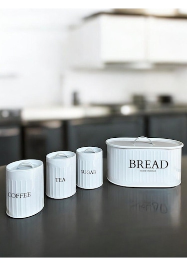 4 Lü Ekmeklik Set Metal Kapak Çay Kahve Şeker Tezgah Üstü Dolap İçi Set Saklama Kabı Byz-byz Beyaz