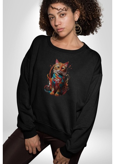 Renkli Yağlı Boya Kedi Unisex Siyah Baskılı Sweatshirt Siyah