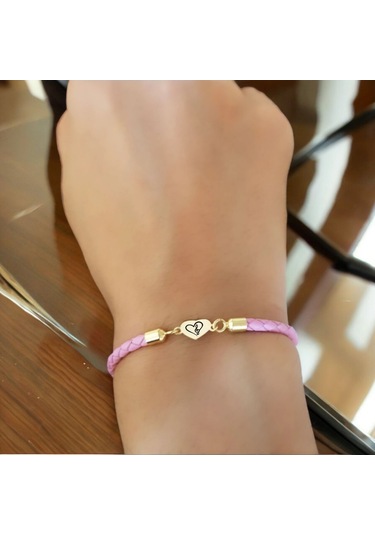 Archin Müzik Sevgisi Temalı Pembe Derili Kalp Figürlü 14 Ayar Altın Plakalı Hediye Bileklik-473sembol Müzik Sevgisi