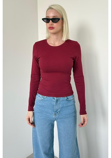 Madmext Bordo Bisiklet Yaka Slim Fit Kadın Body Mg2564 Bordo