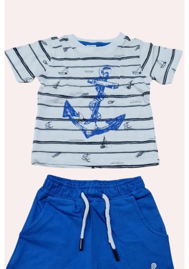 Riccotarz Erkek Bebek Çapa Baskılı Kısa Kol Çizgili Tişört Mavi Şortlu Takım Mavi
