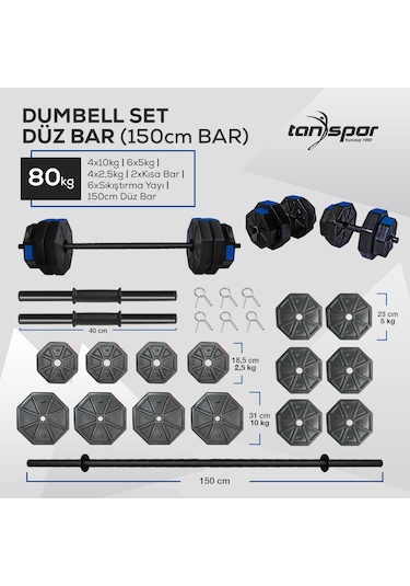 Tan Spor 80 KG Dambıl Halter Kısa Bar + Düz Bar Seti Kırmızı Kapaklı 150 CM