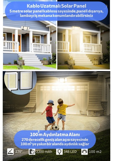 Technosmart Geniş Açılı Solar Projektör Bahçe Aydınlatma 348 Led, Kumanda Kontrollü, Sarı Işık