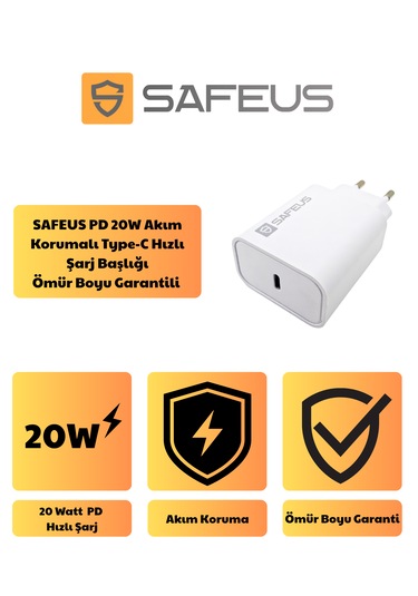 Safeus Pd 20w Akım Korumalı Type-c Hızlı Şarj Başlığı Ömür Boyu Garantili 20W Adaptör