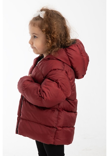 Kız Çocuk Bordo İçi Polarlı Kürklü Kapüşonlu Su Geçirmez Rüzgara Dayanıklı Şişme Kışlık Mont Kaban Bordo