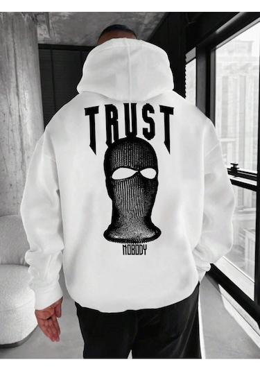 Nevermind Unisex Trust Baskılı Oversize Baskılı Kapşonlu Sweatsh Beyaz