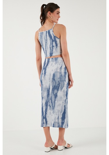 Lela Slim Fit Ip Askılı Yırtmaçlı Midi Alt-Üst Bayan Takım 5869021 Indigo