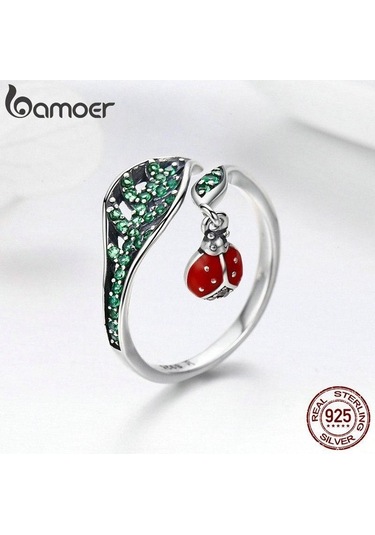 Bamoer 925 Ayar Gümüş Dinlenme Uğur Böceği Ağaç Yapraklarında Dangle Parmak Yüzük Gümüş