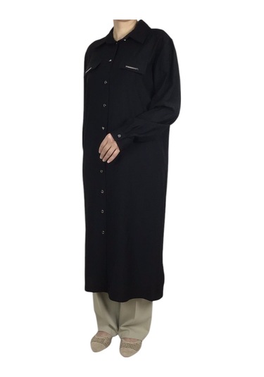 Kadın Önden Metal Düğmeli Yakalı Uzun Tunik Gömlek Siyah