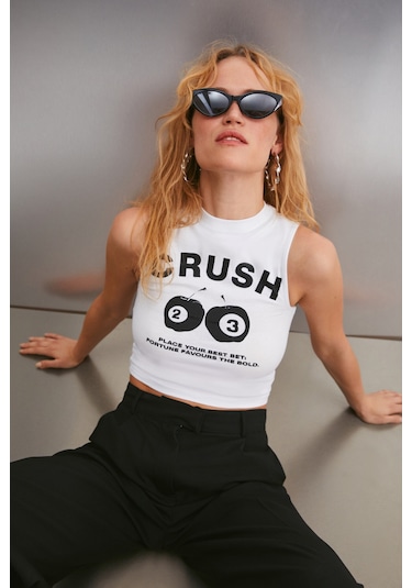 Azura Kadın Baskılı Kısa Kollu Crop Beyaz T-shirt