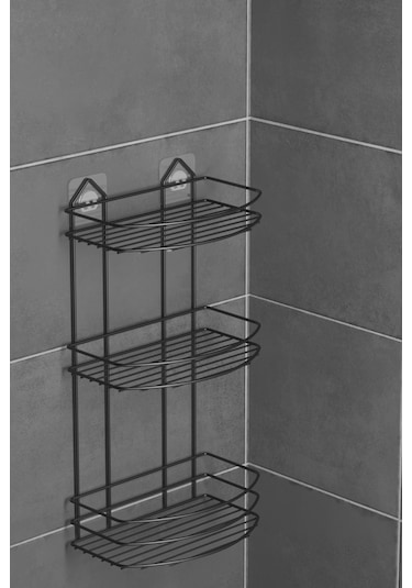 Teknotel Banyo Düzenleyici Şampuanlık Sabunluk 3 Katlı Yapışkanlı Banyo Duş Rafı Siyah St009 Siyah
