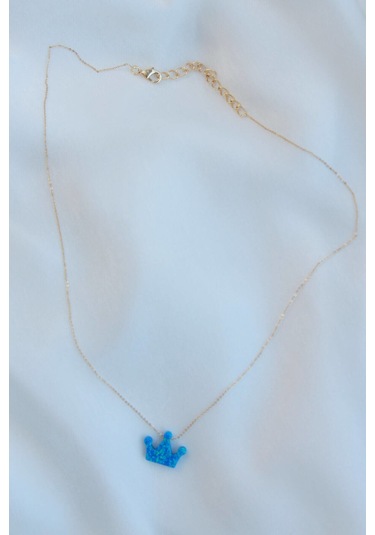 Opal Taşlı Kral Tacı Gold Kolye Mavi