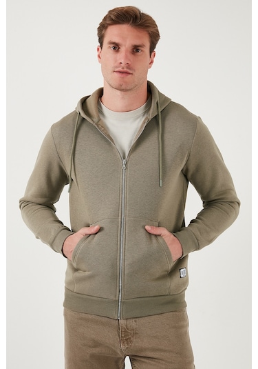 Buratti Regular Fit Kapüşonlu Fermuarlı Içi Tüylü Yumuşak Şardonlu Kışlık Erkek Sweat 5905340 Vizon Yeşili
