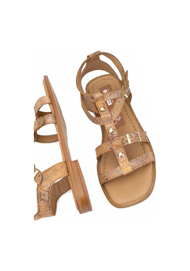 Elit Talia Kadın Hakiki Deri Düz Sandalet Taba Taba