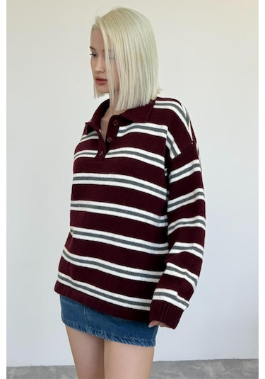 Bordo Polo Yaka Çizgili Kadın Triko Kazak Mg2469 Bordo