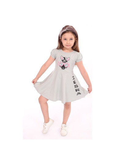 Toontoy Kız Çocuk Bisiklet Yaka Zebra Baskılı Elbise Yeşil