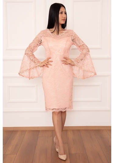 Kalopya Kol Volanlı Kısa Dantel Abiye Elbise 13034 Pudra