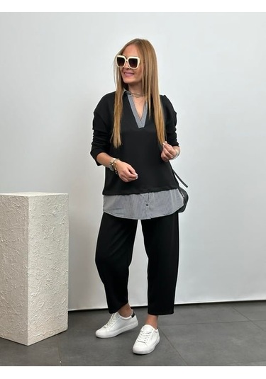 Sensuelle Polo Yaka Gömlek Detay Salaş Balon Pantolunlu Ikılı Takım Siyah