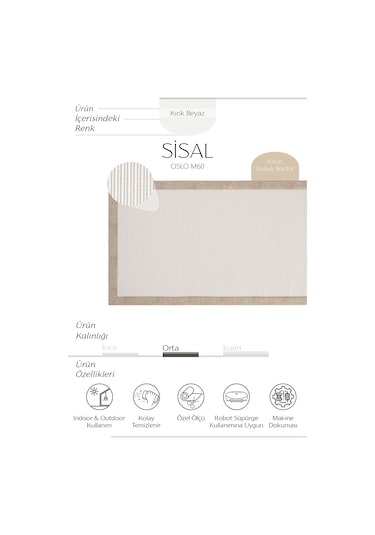 Cool Halı Oslo M60 Beyaz Mutfak Halısı Leke Tutmaz Tezgah Önü Yolluk Dokuma Bordürlü Sisal Halı