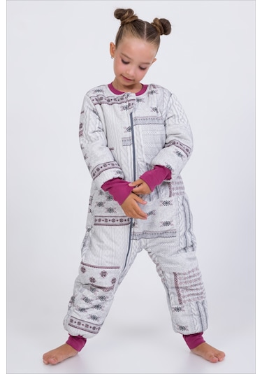 Kız Erkek Çocuk Kalın Elyaf Dolgulu Premium Kalite 2.5 Tog Desenli Uyku Tulumu Gri - Gülkurusu