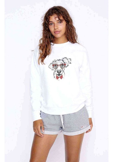 Papyonlu Köpek Baskılı Beyaz Kadın Sweatshirt (528279202)