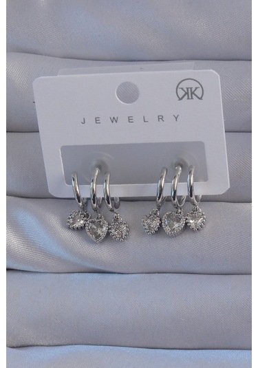 Pirinç Gümüş Renk Zirkon Taşlı Kalp Model Çoklu Görünüm Yarım Halka Küpe - Ebj240807w25602 Diğer