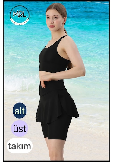 Kadın Siyah Takım Alt - Üst Biker Şort Diz Üstü &crop Bra Ped Destekli Denizde Havuzda Sporda Siyah