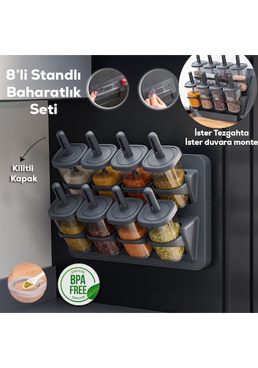 Porsima 1124 Standlı Kaydırmalı Kaşıklı Kapaklı Baharatlık Seti Antrasit