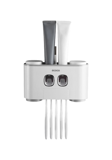 Geeroyoo Duvar Tipi Diş Fırçası Ve Macunluk Seti, 5 Fırça Yuvası, 4 Bardak, 2 Macunluk, Kolay Kurulum, Gri Beyaz