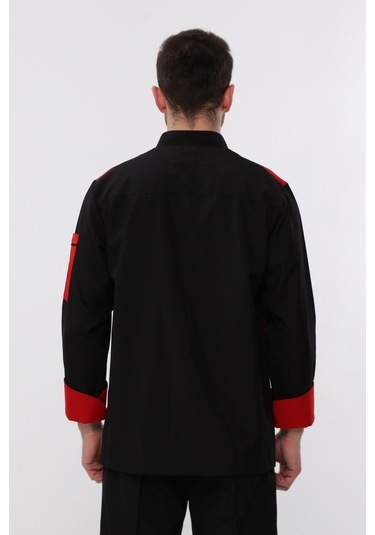 Uniprom Uzun Kollu Aşçı Ceketi Önlük Nakışlı Cepli Şef, Garson Siyah - Kırmızı