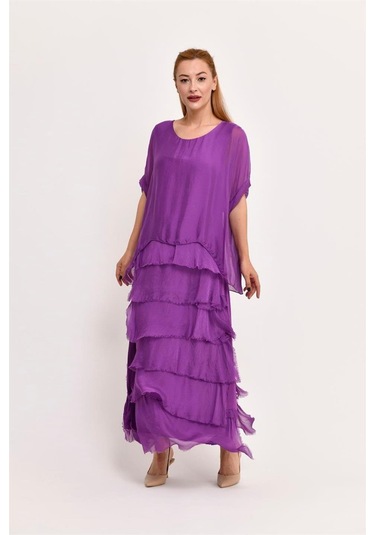 İtalyan 2 Beden İnce Gösteren Yarım Kol Kat Kat Ipek Elbise Mor
