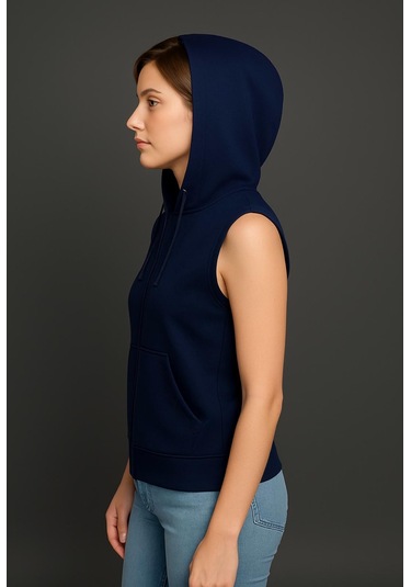 Axxel Kadın Lacivert Fermuarlı Kapüşonlu Kanguru Cepli Kolsuz Yelek-y1142-k Lacivert