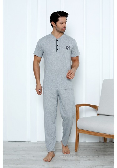 Yüksek Kaliteli Pamuk Penye: Erkekler İçin Mevsimlik 3 Parça Kısa Kollu Pijama Takımı Babalar Günü Hediyesi Gri