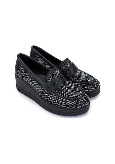Tamer Tanca Kadın Hakiki Deri Siyah Taşlı Loafer Ayakkabı 937 23043 Bn Ayk Y25 Sıyah Taslı Siyah