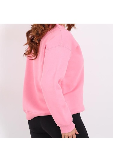 İs Berceste Kadın Bisiklet Yaka Kalp Nakışlı 3 İplik Şardonlu Sweatshirt Pembe