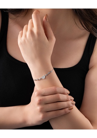 925 Ayar Rodyum Zirkon Taşlı Kalp Gümüş Bileklik Gümüş - Rodyum