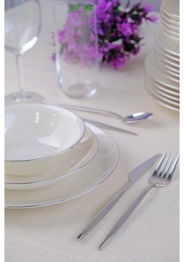 Tabak Evi Chic Platin Porselen Yemek Takımı 24 Parça 6 Kişilik Beyaz - Gümüş