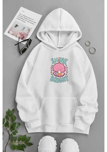 Unisex Beyaz Kapüşonlu Sweatshirt Shıne Bright ,baskılı Şardonlu Kalın Kumaş Beyaz