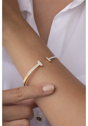 Gümüş Pazarım Zirkon Taşlı Tek Sıra Altın Kaplama Kadın Çelik Kelepçe Bielklik Renkli