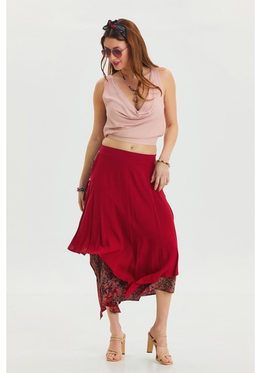 Bağlama Detaylı Beli Lastikli Salaş Etek Kırmızı