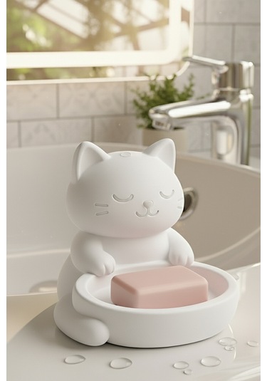 Oxyteez Kedi Figürlü Sabunluk Beyaz Renk Reçine Tasarım Ev Ve Ofis Dekorasyonu