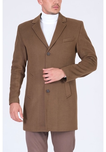Slimfit V Yaka Kışlık Camel Kaşe Kaban Palto-Camel