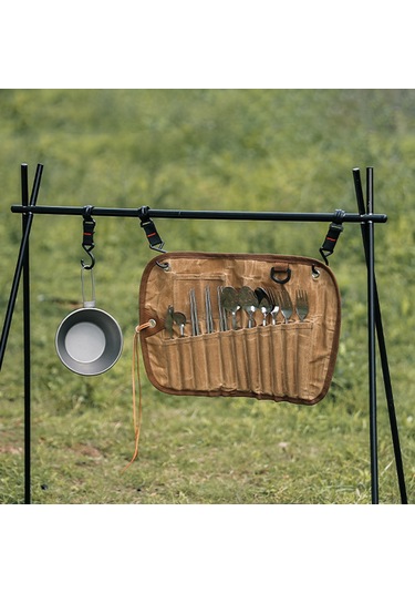 Neevoyu Mumlu Kumaş Çatal Bıçak Seti Çantası - 11 Parça Paslanmaz Çelik Kamp Ve Piknik Ekipmanı Sarı