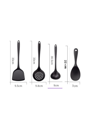 Sert Uçlu Silikon Kevgir Spatula Kepçe Kaşık Seti 4prç Siyah