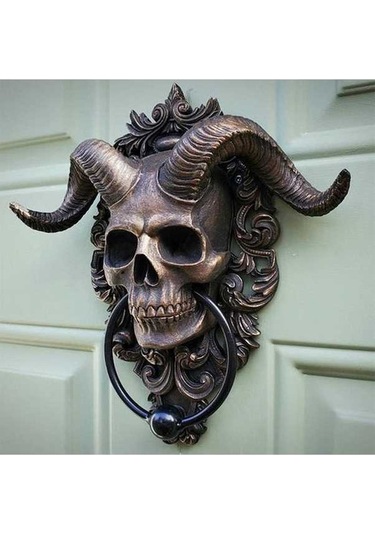 Pazly Şeytan Boynuzlu Kafatası Asılı Tokmağı, Ağır Hizmet Gotik Ev Dekorasyonu, Reçine, Bronz, 10.5x3x13cm