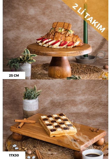 2 Li 25/10 Lucca Ve 17x30 Cm Risus Ahşap Pasta Sunum Tabağı Seti