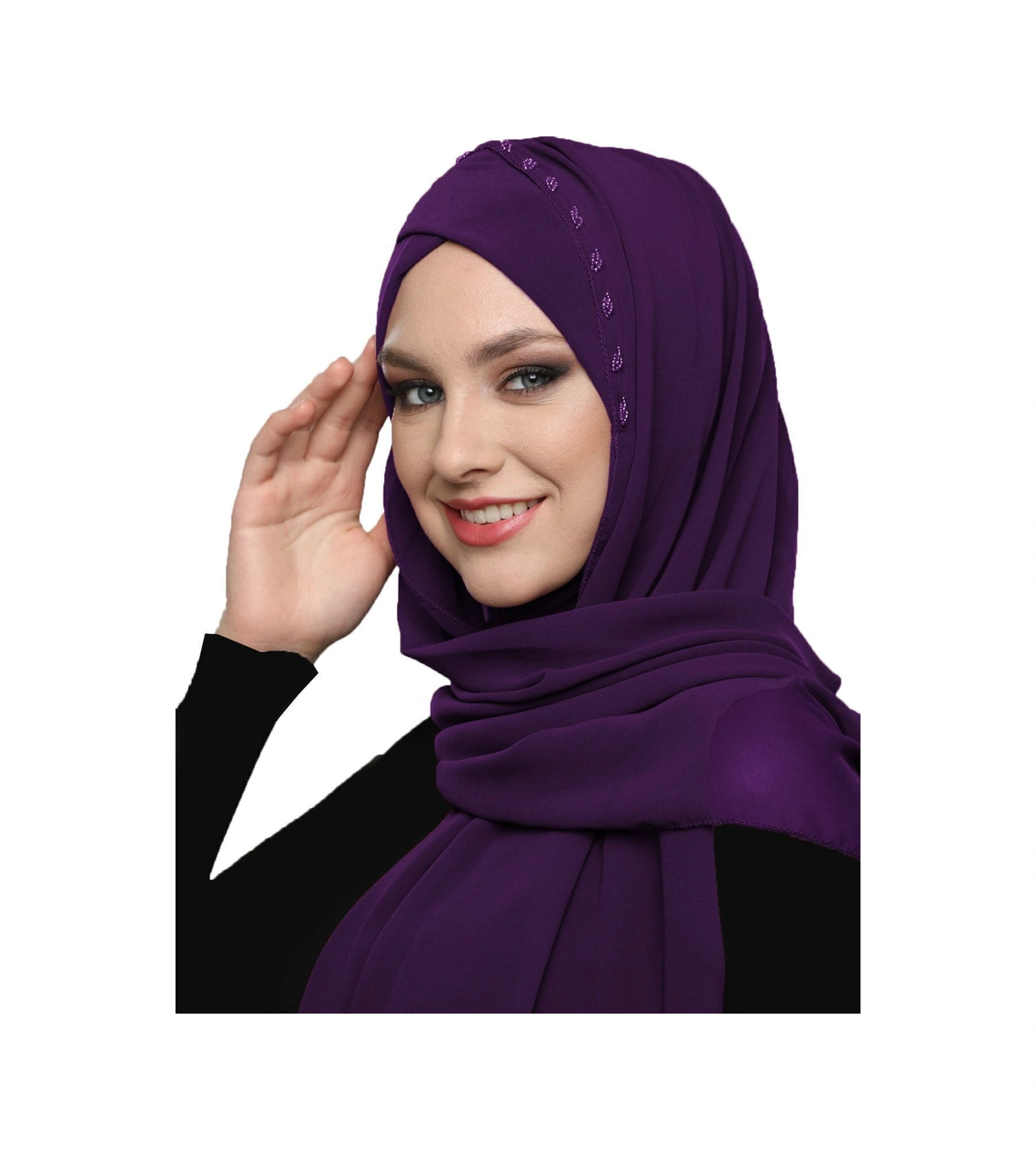 Şallı Takmatik Taşlı Mor Renk Hazır Türban Tesettür Bone Namaz Örtüsü Mor