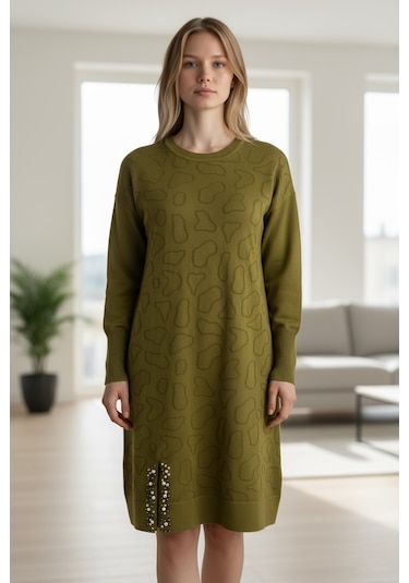 Kadın Önü Desenli Etek Yan Ucu Boncuklu Düşük Kol Tunik Yeşil